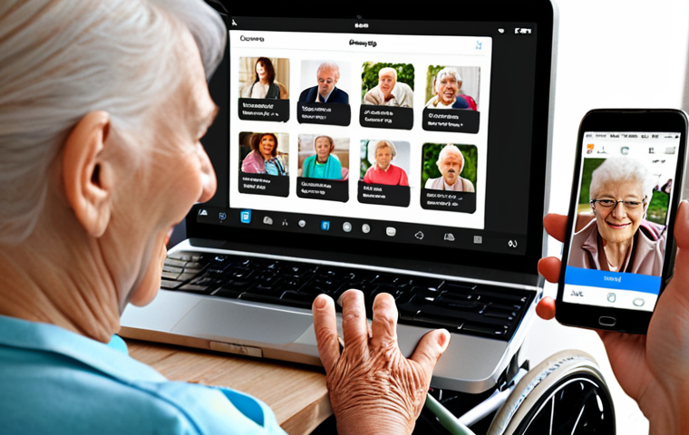 **

A diverse group of people (elderly, young adult, mother with child, person using a wheelchair) interacting with a simple, clean, and intuitive mobile app interface on various devices (smartphone, tablet, laptop). The app interface should feature clear icons, large buttons, and high contrast colors. The scene should be bright and welcoming, emphasizing usability.

**