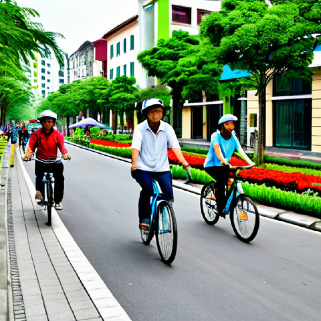 A vibrant, walkable Vietnamese urban neighborhood scene, showcasing a "15-minute city" concept. Fully clothed people in modest, appropriate attire are seen walking and cycling on wide, tree-lined sidewalks. Modern buildings feature lush green roofs and living walls, with various amenities like cafes and small shops integrated into the street level. In the background, a community garden adds to the green space. Safe for work, appropriate content, fully clothed, professional photography, high quality, perfect anatomy, correct proportions, natural pose, well-formed hands, proper finger count, natural body proportions, family-friendly.