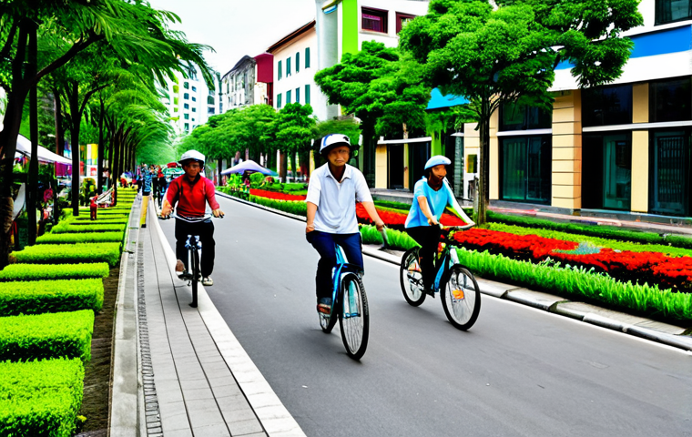 A vibrant, walkable Vietnamese urban neighborhood scene, showcasing a "15-minute city" concept. Fully clothed people in modest, appropriate attire are seen walking and cycling on wide, tree-lined sidewalks. Modern buildings feature lush green roofs and living walls, with various amenities like cafes and small shops integrated into the street level. In the background, a community garden adds to the green space. Safe for work, appropriate content, fully clothed, professional photography, high quality, perfect anatomy, correct proportions, natural pose, well-formed hands, proper finger count, natural body proportions, family-friendly.