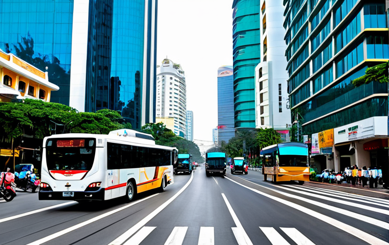 Smart Traffic Management in Ho Chi Minh City**

"A bustling street scene in Ho Chi Minh City, Vietnam, showcasing a modern intersection with smart traffic lights dynamically adjusting to real-time traffic flow. Sleek, modern public buses are seen navigating efficiently. In the background, contemporary high-rise buildings are visible. The sky is clear. The overall impression is one of organized urban mobility. Appropriate attire, safe for work, professional, perfect anatomy, natural proportions, high quality."

**