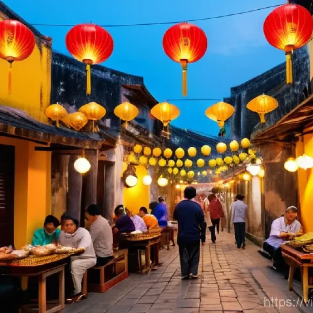 워커블 시티의 다문화적 접근법 - **Prompt:** A bustling street scene in Hoi An, Vietnam, at dusk. Ancient yellow-walled buildings wit...