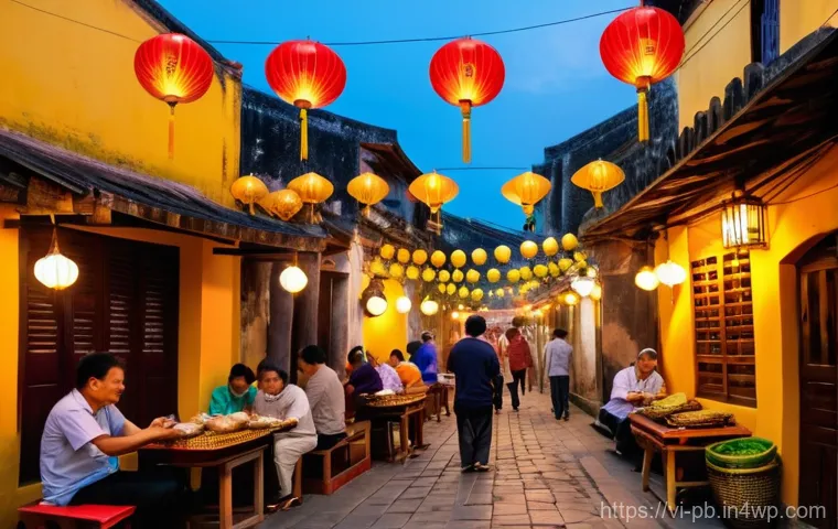 워커블 시티의 다문화적 접근법 - **Prompt:** A bustling street scene in Hoi An, Vietnam, at dusk. Ancient yellow-walled buildings wit...