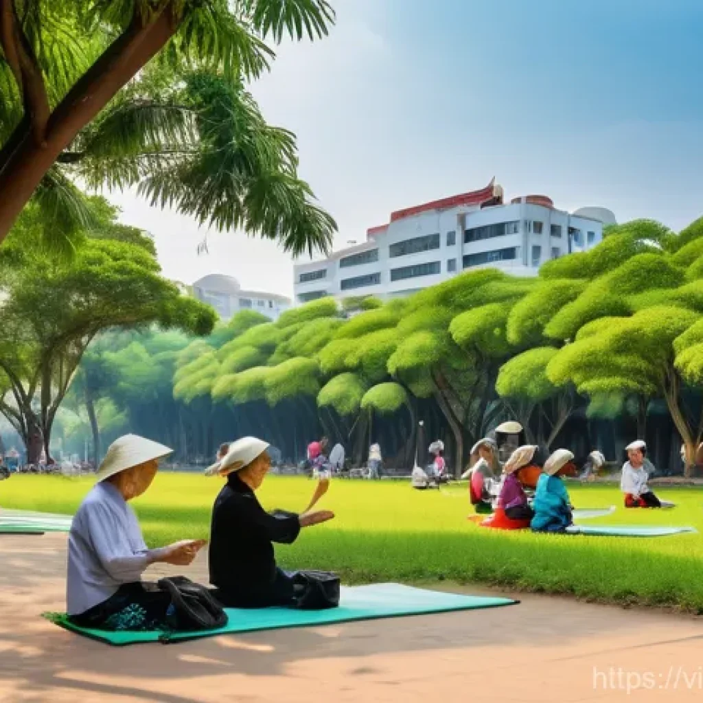 도시의 사회적 상호작용을 촉진하는 디자인 - **Vibrant Community Park in a Vietnamese City:**
    "A wide-angle, bright, and inviting scene of a ...