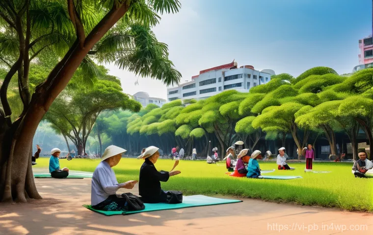 도시의 사회적 상호작용을 촉진하는 디자인 - **Vibrant Community Park in a Vietnamese City:**
    "A wide-angle, bright, and inviting scene of a ...