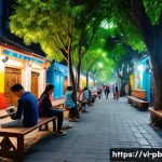 워커블 시티와 청소년 참여 프로그램 - A vibrant pedestrian street in Hanoi&rsquo;s Old Quarter at dusk, featuring wide sidewalks paved with anti...