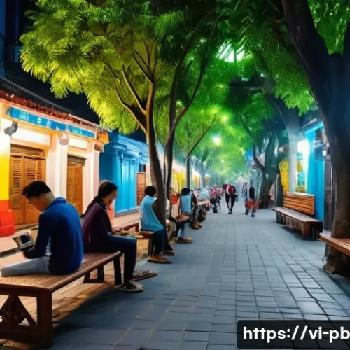 워커블 시티와 청소년 참여 프로그램 - A vibrant pedestrian street in Hanoi&rsquo;s Old Quarter at dusk, featuring wide sidewalks paved with anti...