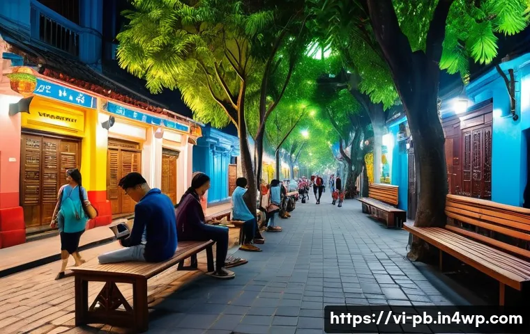 워커블 시티와 청소년 참여 프로그램 - A vibrant pedestrian street in Hanoi&rsquo;s Old Quarter at dusk, featuring wide sidewalks paved with anti...