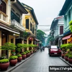 워커블 시티 디자인의 미래 전망 - A vibrant pedestrian street in Hanoi's Old Quarter during daytime, featuring wide, clear sidewalks l...