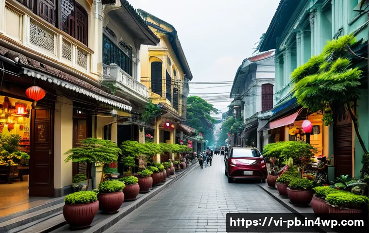 워커블 시티 디자인의 미래 전망 - A vibrant pedestrian street in Hanoi's Old Quarter during daytime, featuring wide, clear sidewalks l...