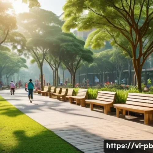 도시 내 소통 공간 디자인의 중요성 - A vibrant urban green space in a Vietnamese city featuring lush trees, flowering plants, and shaded ...