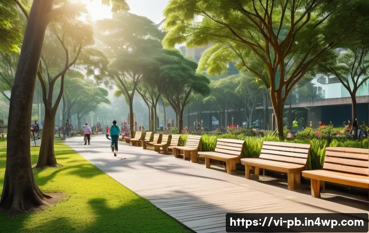 도시 내 소통 공간 디자인의 중요성 - A vibrant urban green space in a Vietnamese city featuring lush trees, flowering plants, and shaded ...