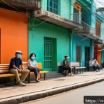 워커블 시티의 색채와 디자인 심리 - A vibrant urban pedestrian street in Ho Chi Minh City during daytime, featuring bright red, orange, ...